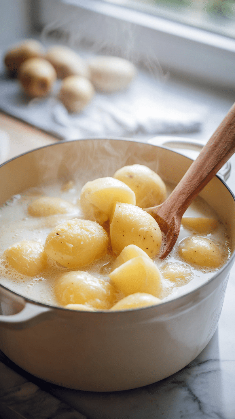 Loaded Potato Soup potatoes, broth, and milk being combined in Dutch oven during third step