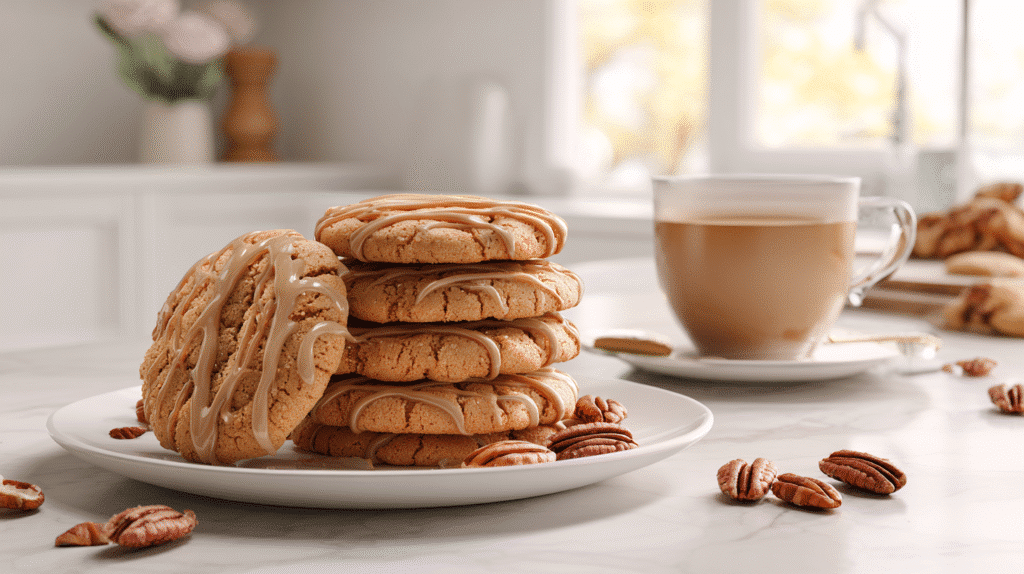 Maple Brown Sugar Cookies stacked on a white plate with maple icing and toasted pecans in a bright Scandinavian kitchen