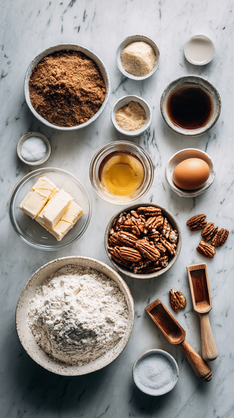 Ingredients for Maple Brown Sugar Cookies arranged on marble countertop in a Scandinavian kitchen