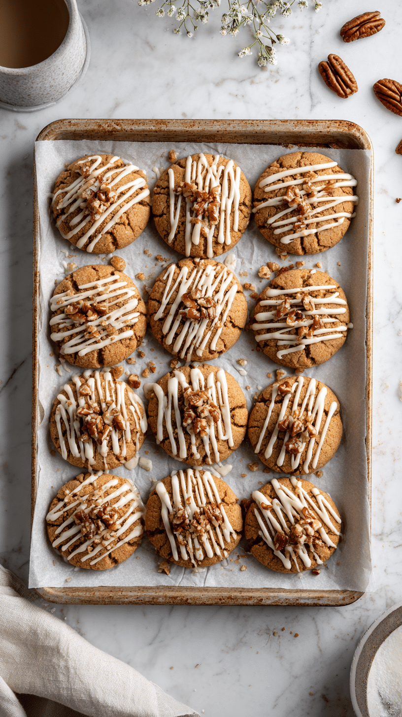 Maple Brown Sugar Cookies arranged on a baking sheet with maple icing and pecans
