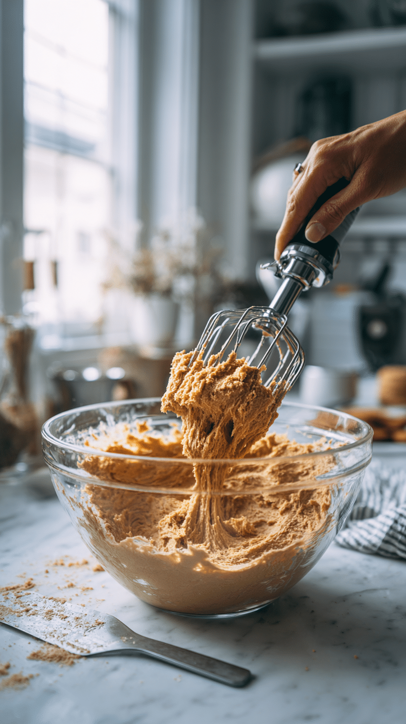 Creaming butter and brown sugar for Maple Brown Sugar Cookies in a glass bowl