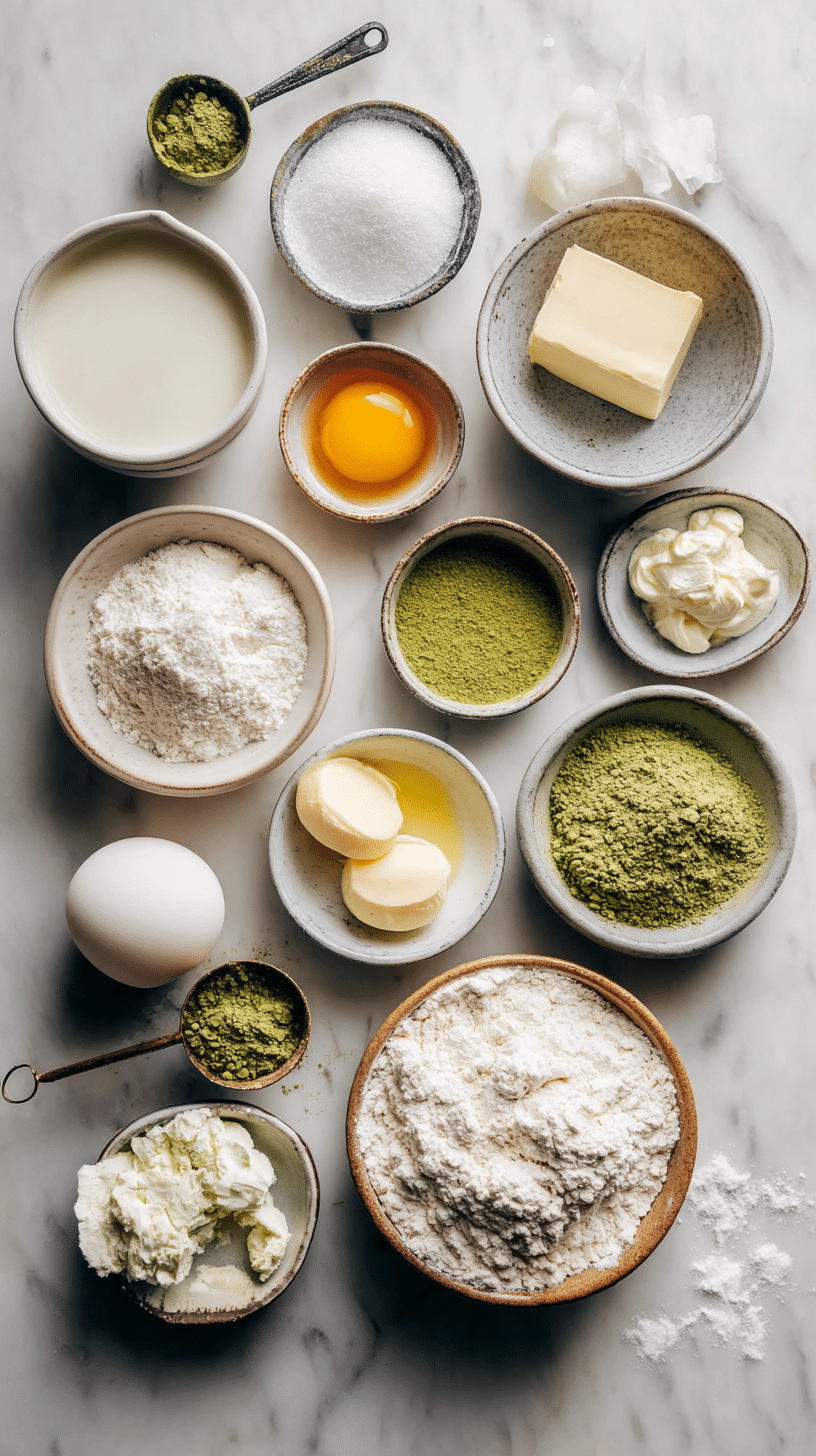 Ingredients for Matcha Cream Filled donuts arranged on marble countertop in Scandinavian kitchen
