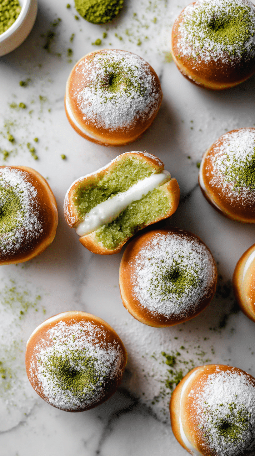 Top-down view of Matcha Cream Filled donuts with vibrant matcha cream filling on marble
