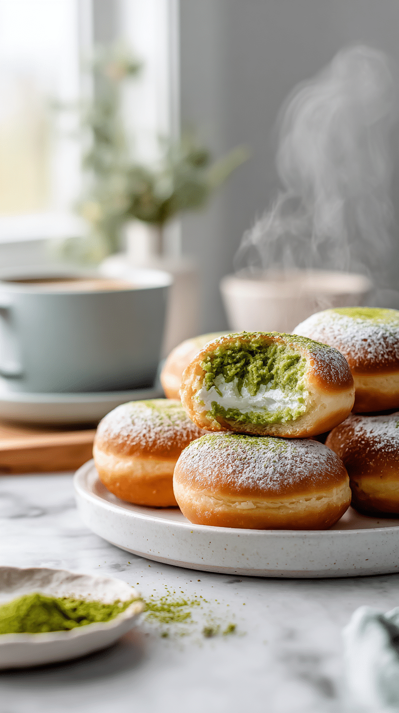 Serving Matcha Cream Filled donuts with vibrant matcha cream filling on a white platter
