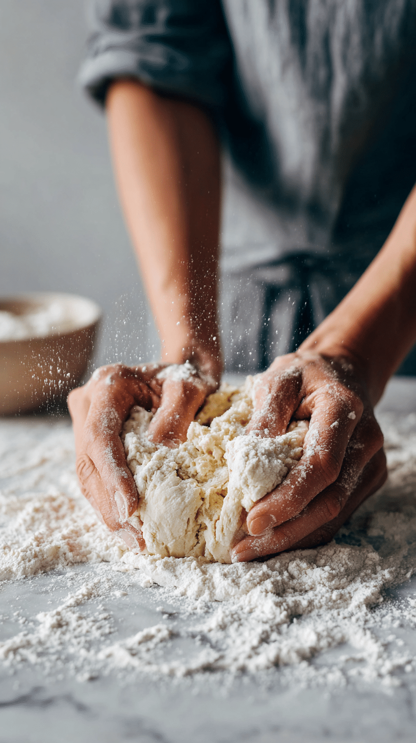 Kneading dough for Matcha Cream Filled donuts on marble countertop