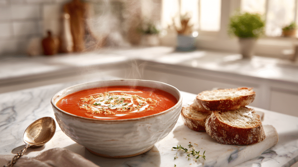Middle-of-Winter Tomato Soup hero shot with cream swirl and crispy breadcrumbs, served with crusty bread