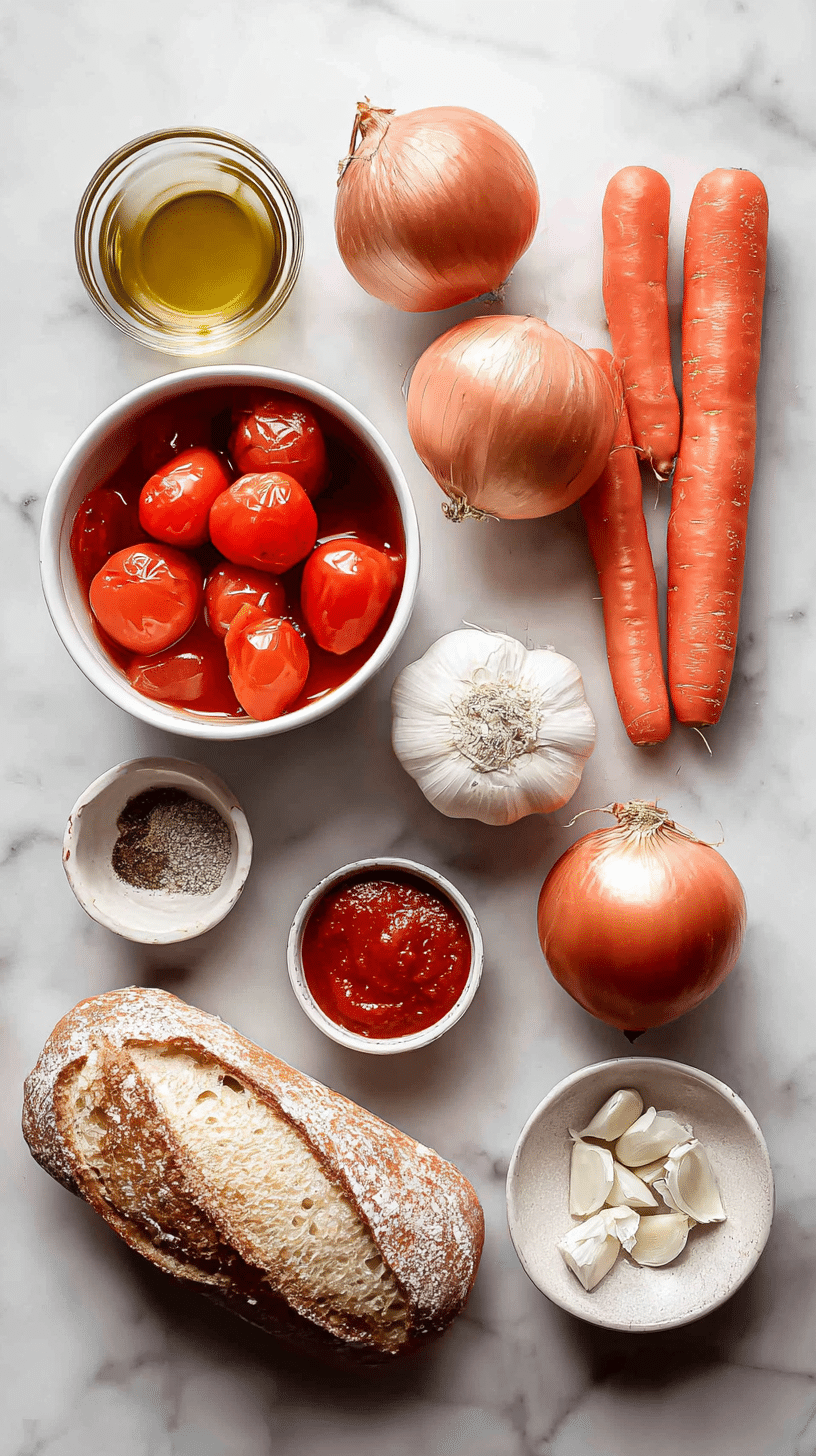 Ingredients for Middle-of-Winter Tomato Soup arranged on marble countertop