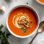 Middle-of-Winter Tomato Soup recipe card image with cream and breadcrumbs