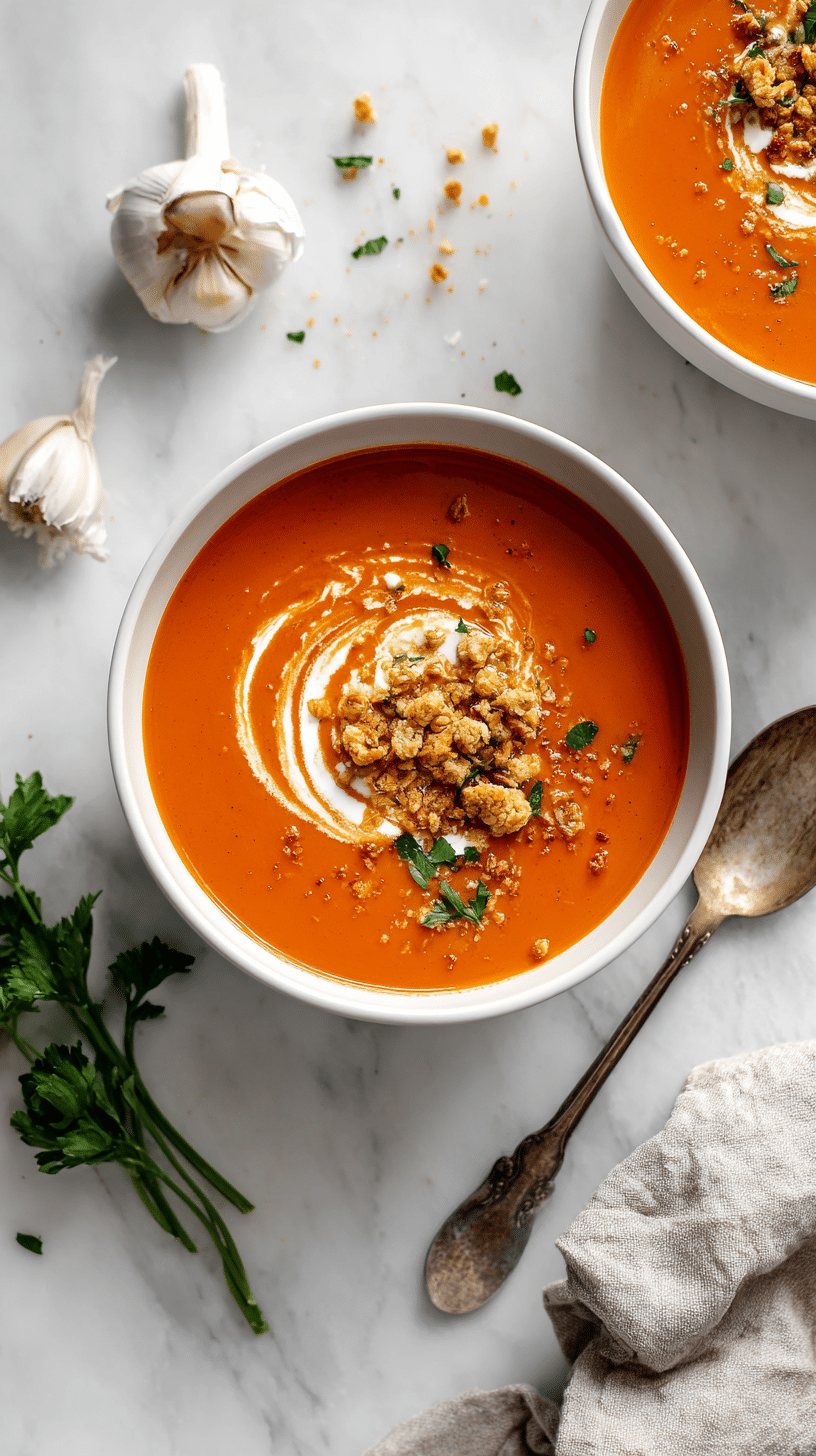 Middle-of-Winter Tomato Soup recipe card image with cream and breadcrumbs