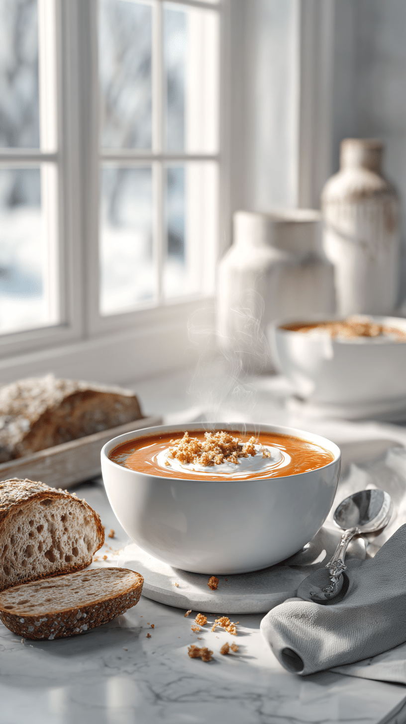Middle-of-Winter Tomato Soup served with cream, breadcrumbs, and rustic bread