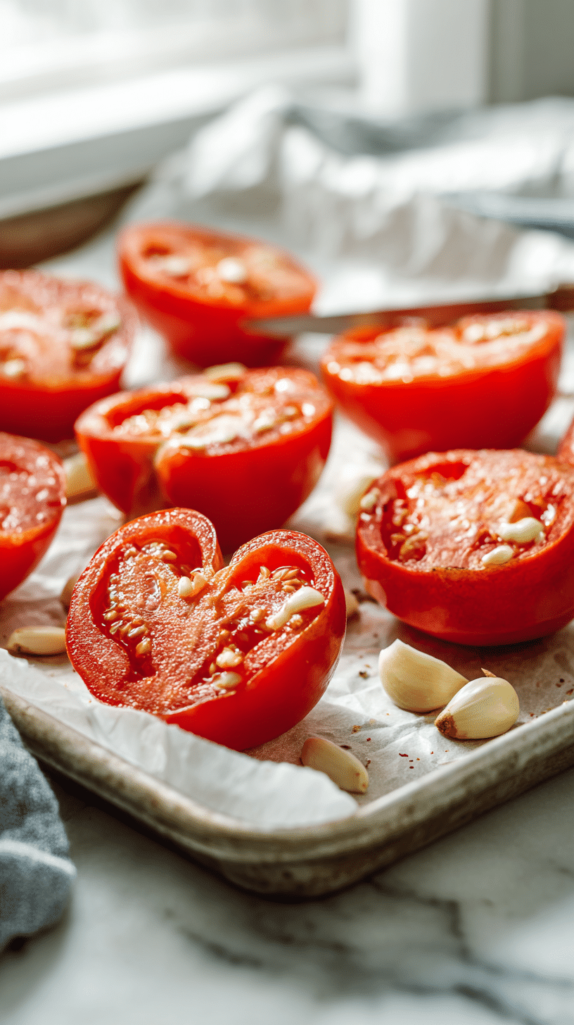 Middle-of-Winter Tomato Soup step 1: halving canned tomatoes and arranging with garlic for roasting