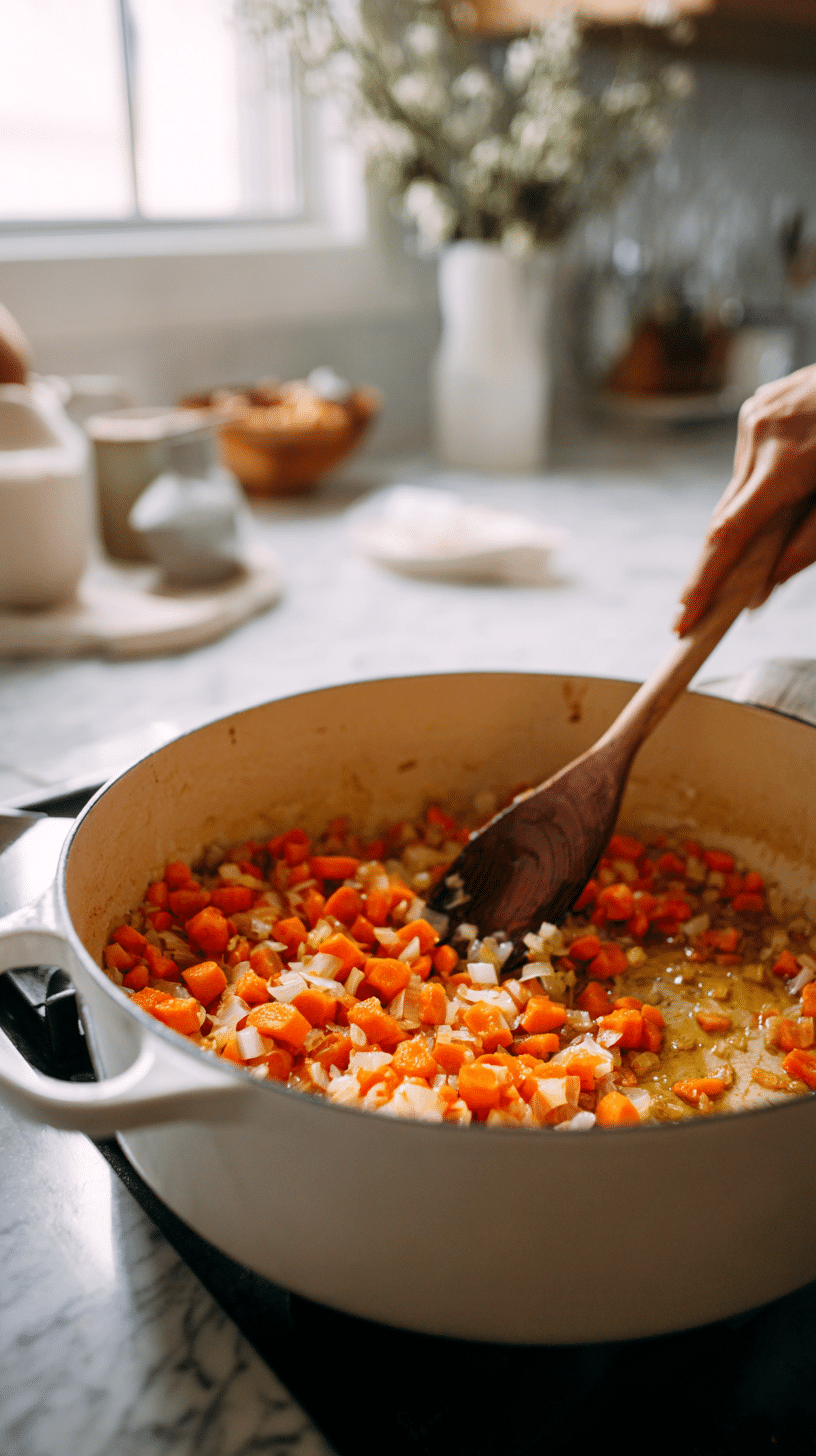 Middle-of-Winter Tomato Soup step 2: sautéing onions and carrots in olive oil