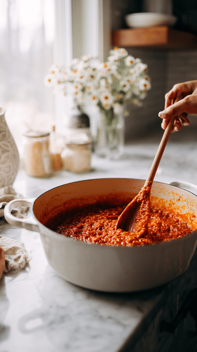Middle-of-Winter Tomato Soup step 3: stirring tomato paste into onions and carrots