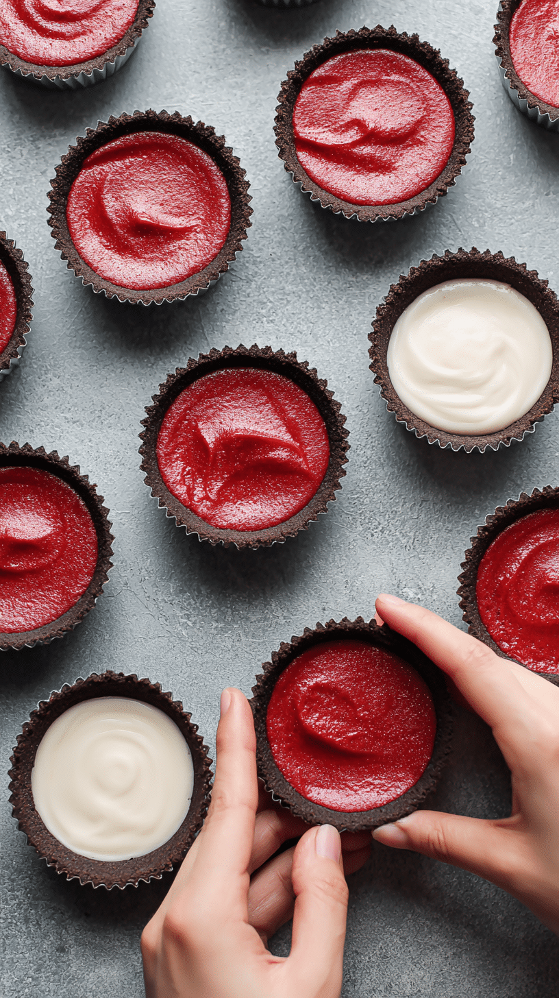 Preparing Mini Red Velvet cheesecake step by step cooking process with Oreo crust and batter