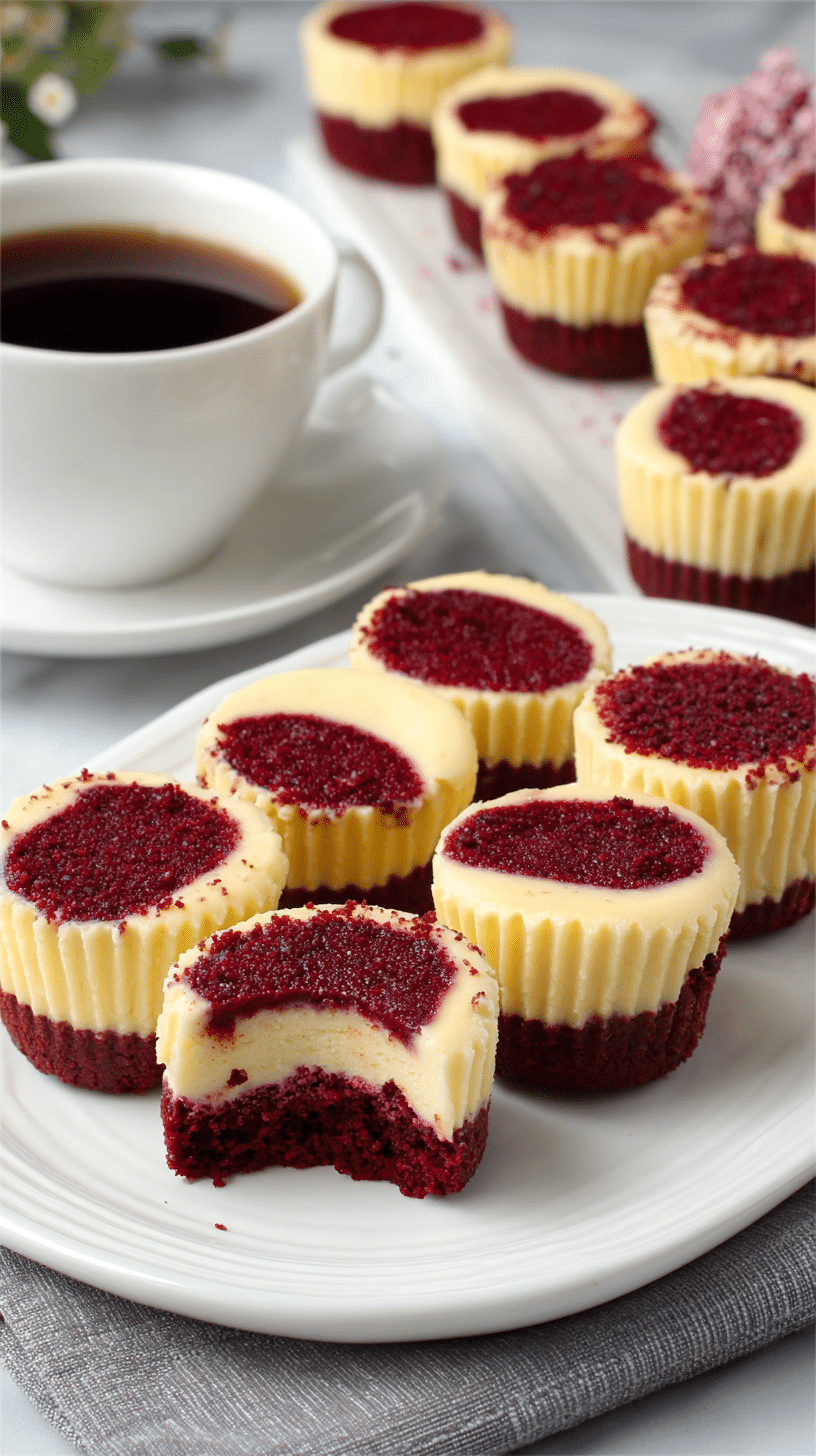 Mini Red Velvet cheesecake being served on beautiful dinnerware
