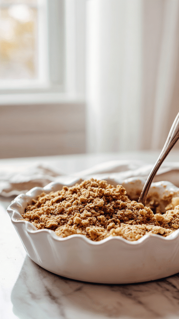 mixing oat topping for pear crumble