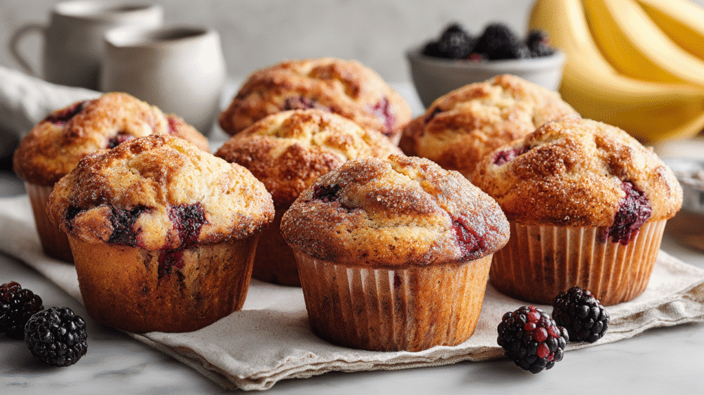 Moist Bakery Style Banana Blackberry Muffins hero shot with golden domed tops and visible blackberries on a marble countertop