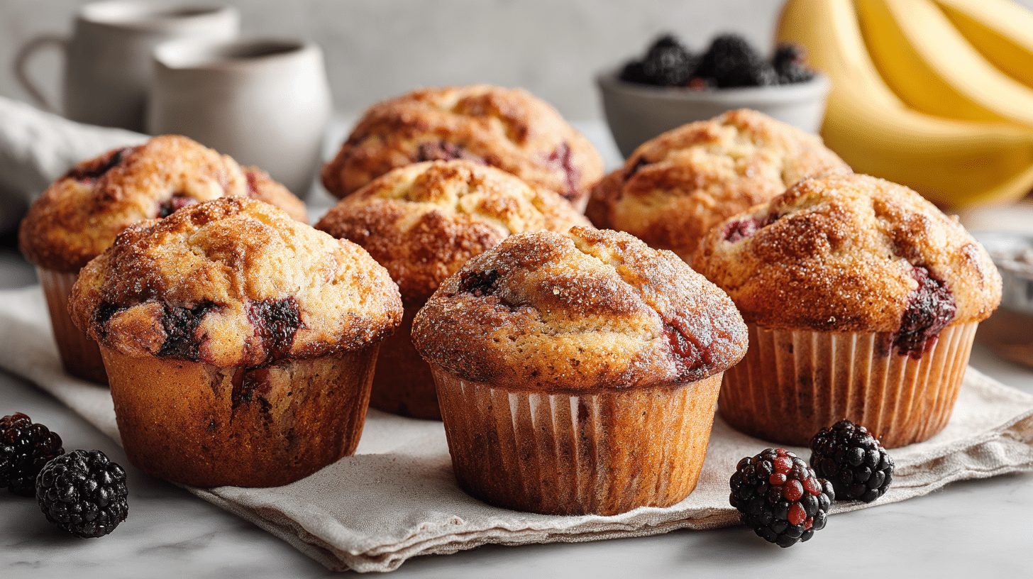 Moist Bakery Style Banana Blackberry Muffins hero shot with golden domed tops and visible blackberries on a marble countertop