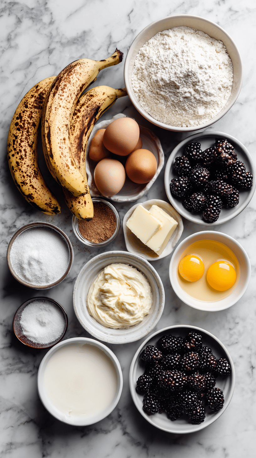 Ingredients for Moist Bakery Style Banana Blackberry Muffins arranged on marble countertop
