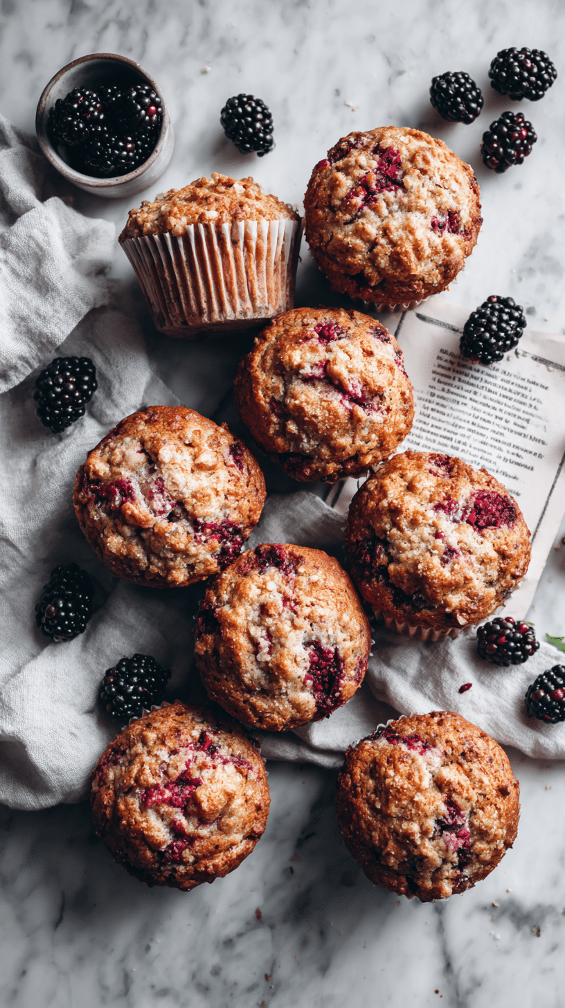Top-down view of Moist Bakery Style Banana Blackberry Muffins and recipe card
