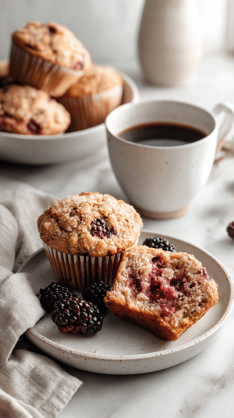 Moist Bakery Style Banana Blackberry Muffins served with coffee on a white plate
