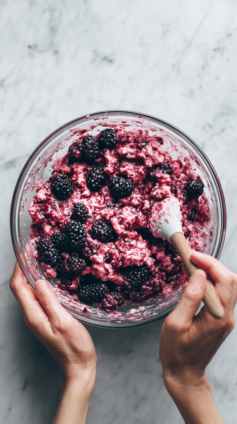 Folding blackberries into batter for Moist Bakery Style Banana Blackberry Muffins
