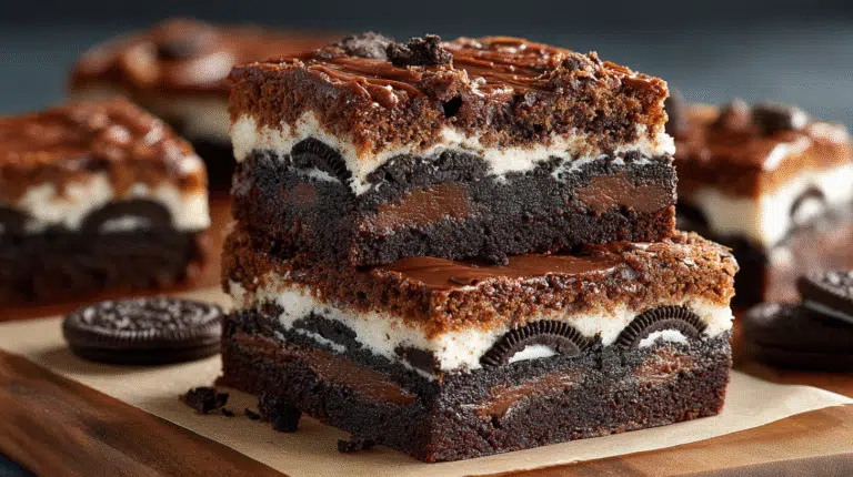 Mouthwatering Slutty Brownies with layers of cookie dough, Oreos, and brownie batter