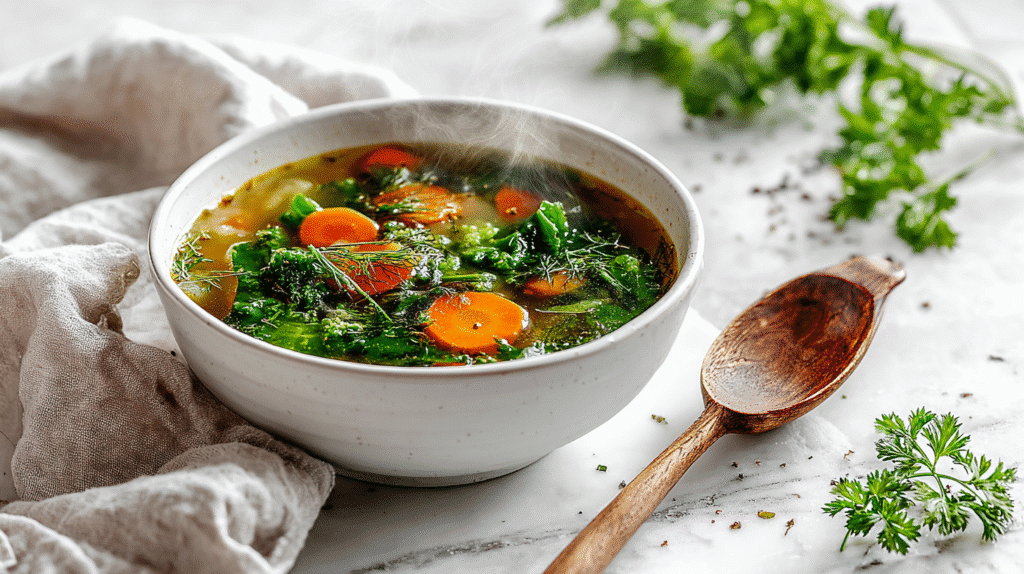 Mystical Witch Soup hero shot with golden broth, greens, and carrots in a bowl on marble countertop