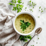 Top-down view of Mystical Witch Soup in bowl on marble countertop