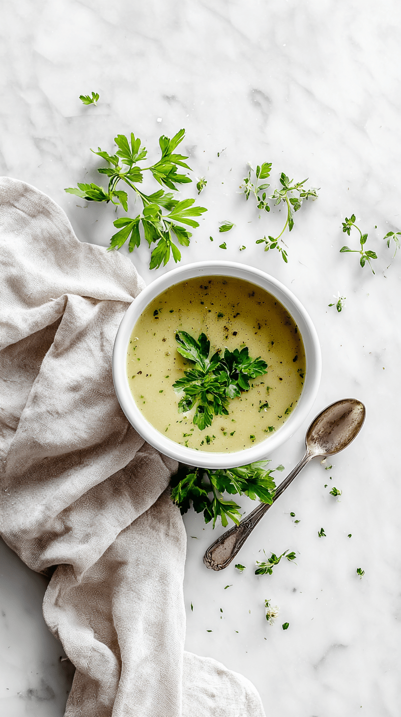 Top-down view of Mystical Witch Soup in bowl on marble countertop