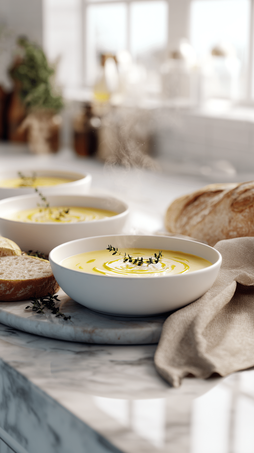 Mystical Witch Soup served in bowls with thyme and bread on marble countertop