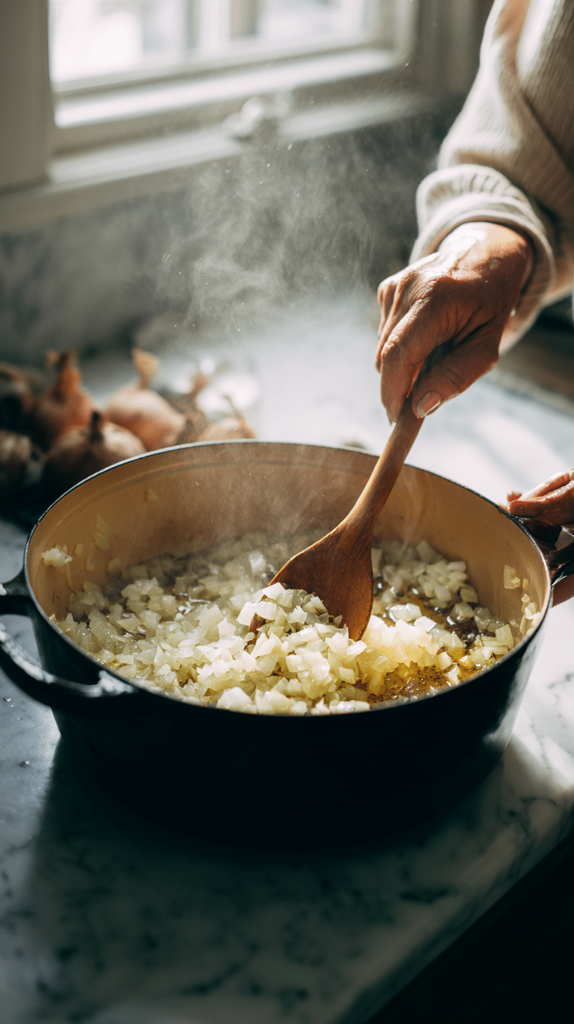 Sautéing onions and garlic for Mystical Witch Soup in Dutch oven on marble countertop