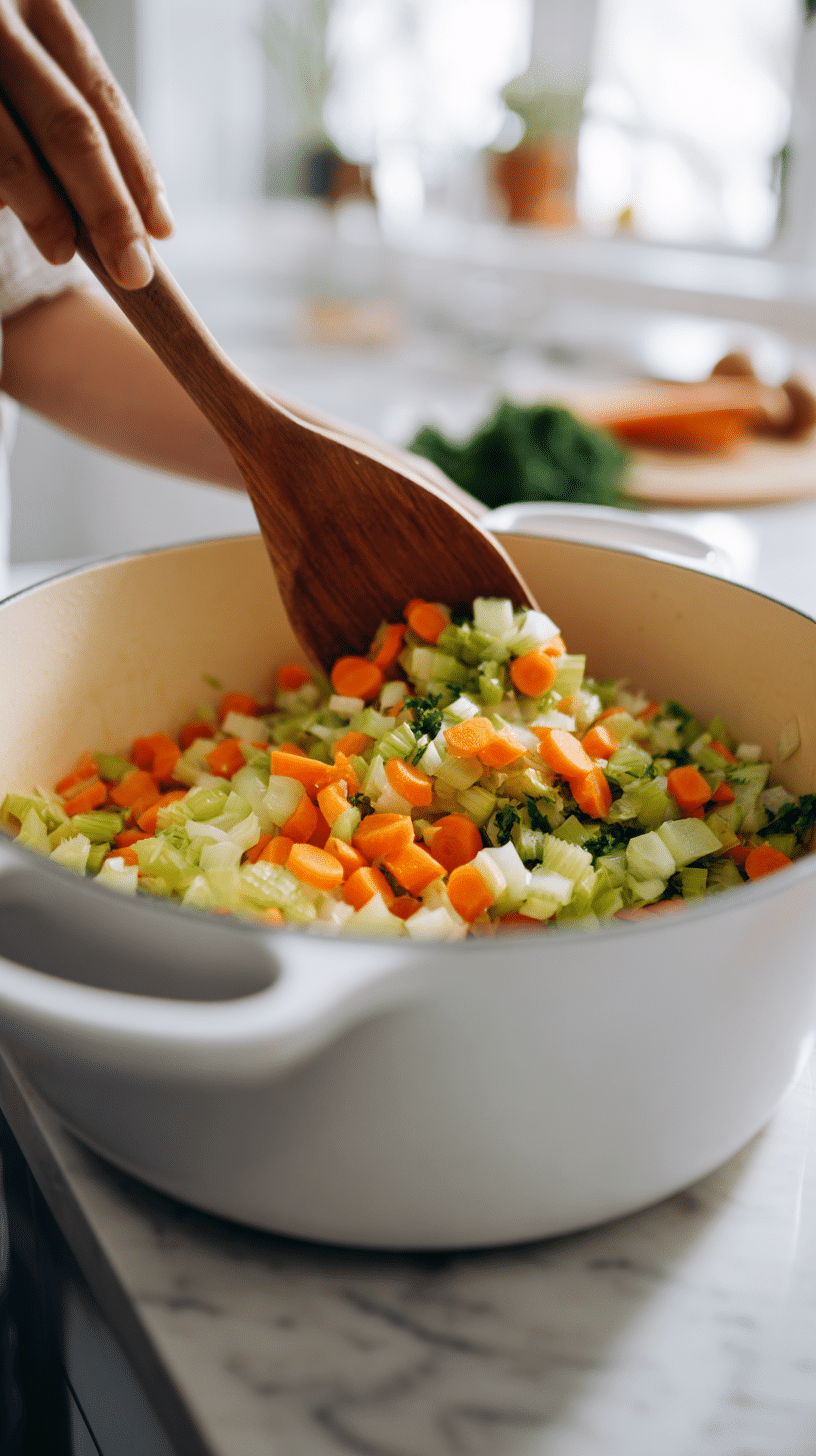 Adding carrots and celery to Mystical Witch Soup in Dutch oven on marble countertop