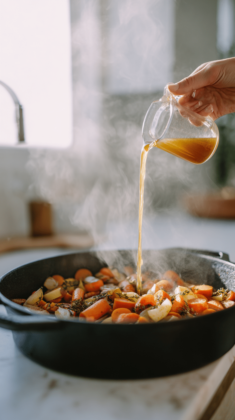 Pouring broth into Mystical Witch Soup in Dutch oven on marble countertop