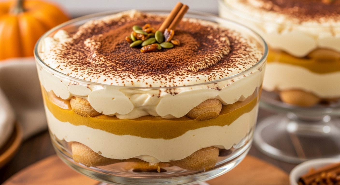 No-Bake Pumpkin Spice Tiramisu Recipe hero shot with visible layers