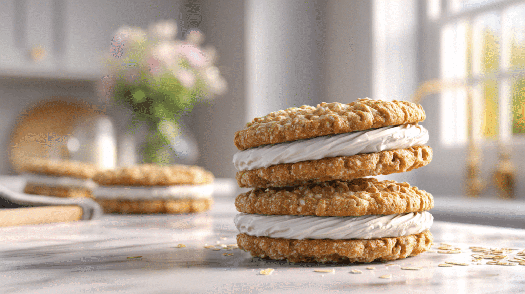 Oatmeal Sandwich Cookie hero shot with brown butter cream cheese filling stacked on marble countertop