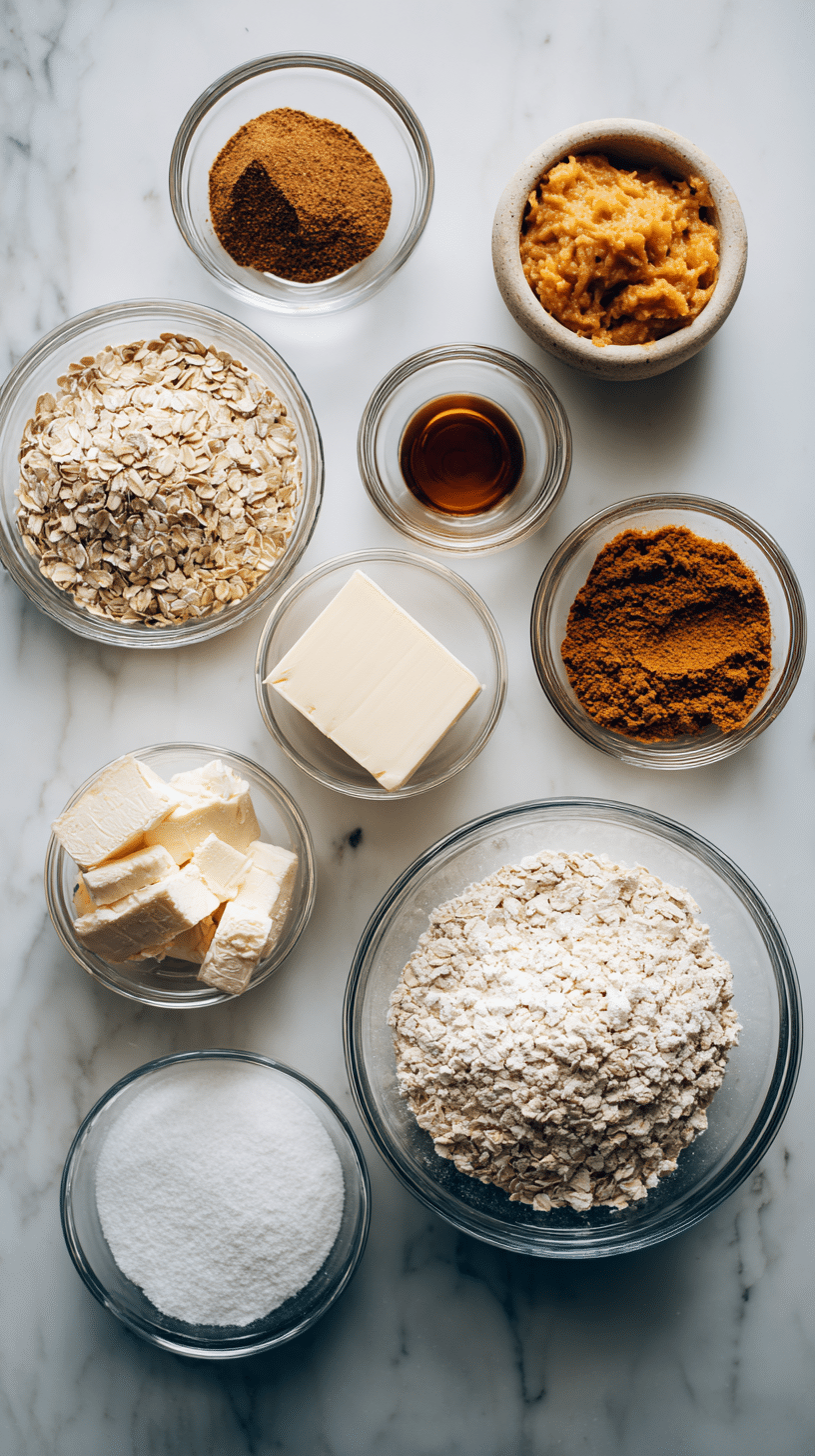 Ingredients for Oatmeal Sandwich Cookie arranged on marble countertop
