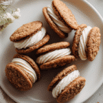 Oatmeal Sandwich Cookie top-down view with cream cheese filling on white plate