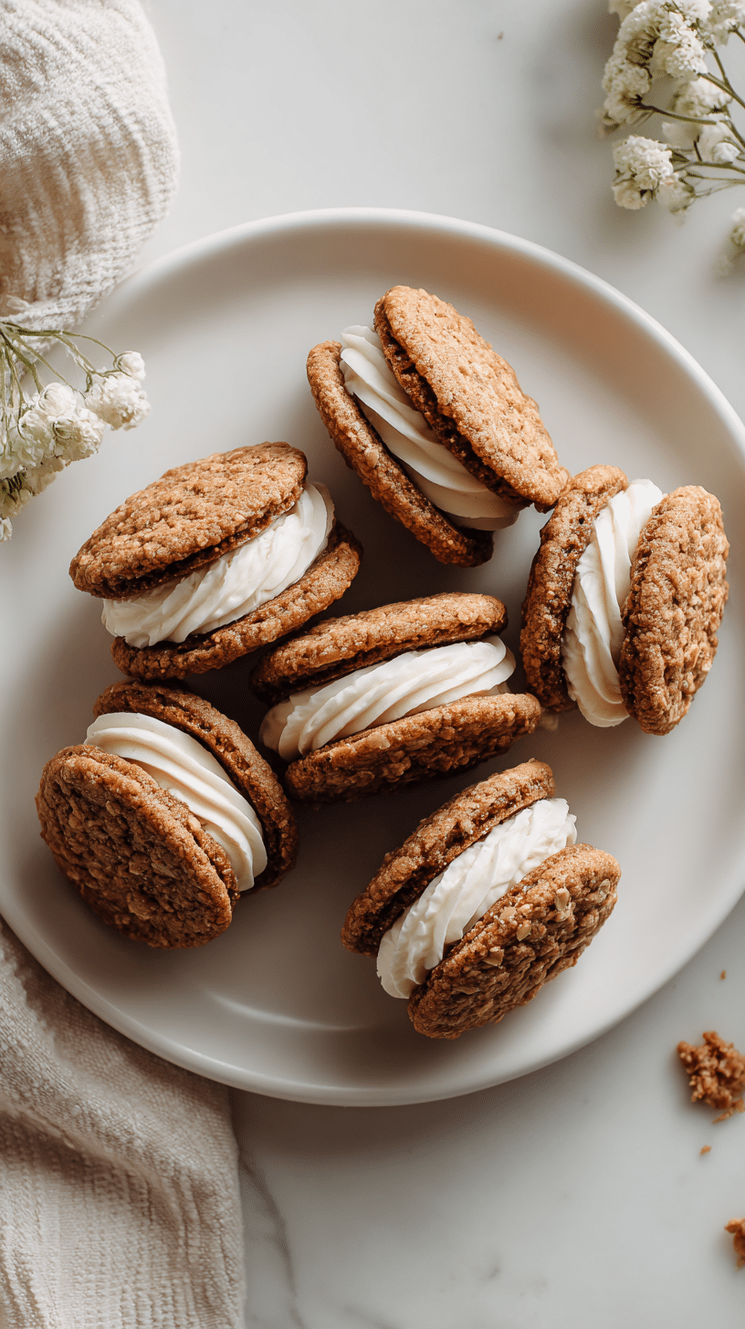 Oatmeal Sandwich Cookie top-down view with cream cheese filling on white plate
