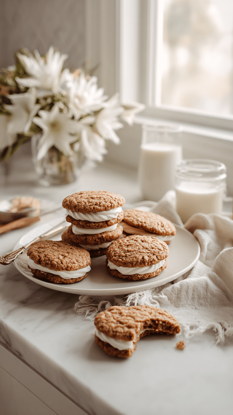 Oatmeal Sandwich Cookie served on platter with creamy filling visible