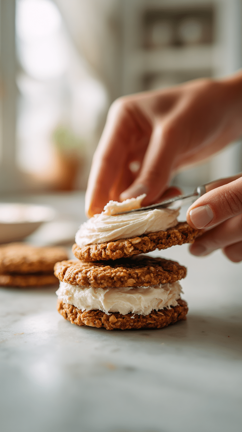 Sandwiching Oatmeal Sandwich Cookie with brown butter cream cheese filling