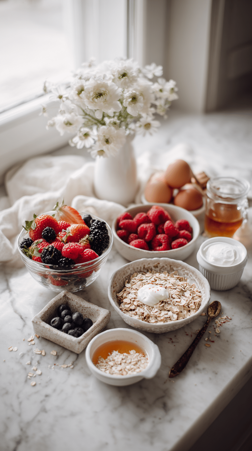 Overnight Oats Rezepte ingredients arranged on marble countertop