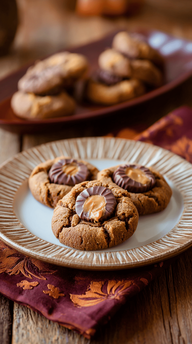 Peanut butter cup cookies being served on beautiful dinnerware