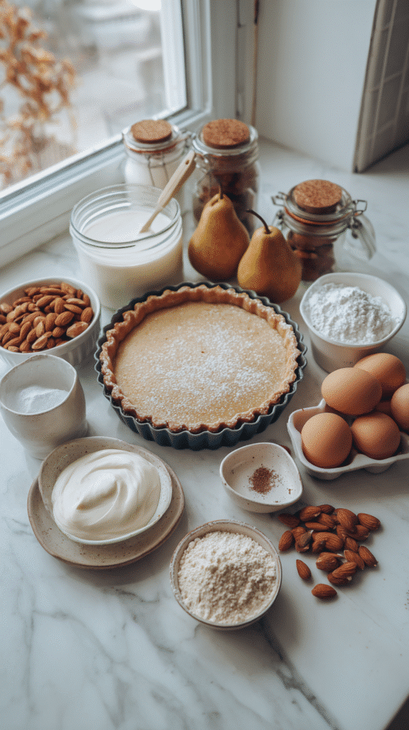 pear and almond tart ingredients on marble countertop