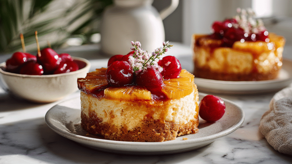 Pineapple Upside-down cheesecakes finished dish on elegant plate