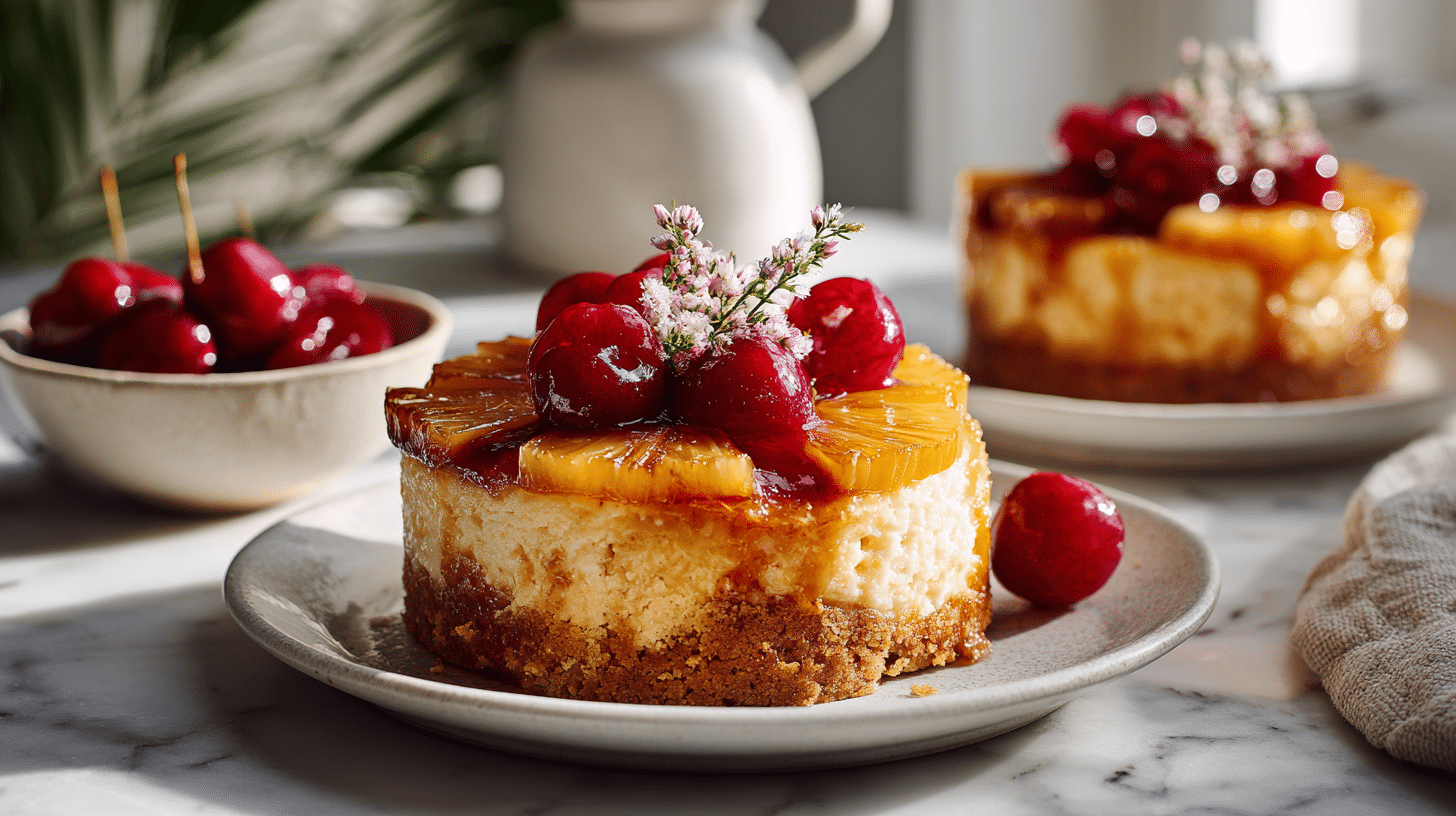 Pineapple Upside-down cheesecakes finished dish on elegant plate