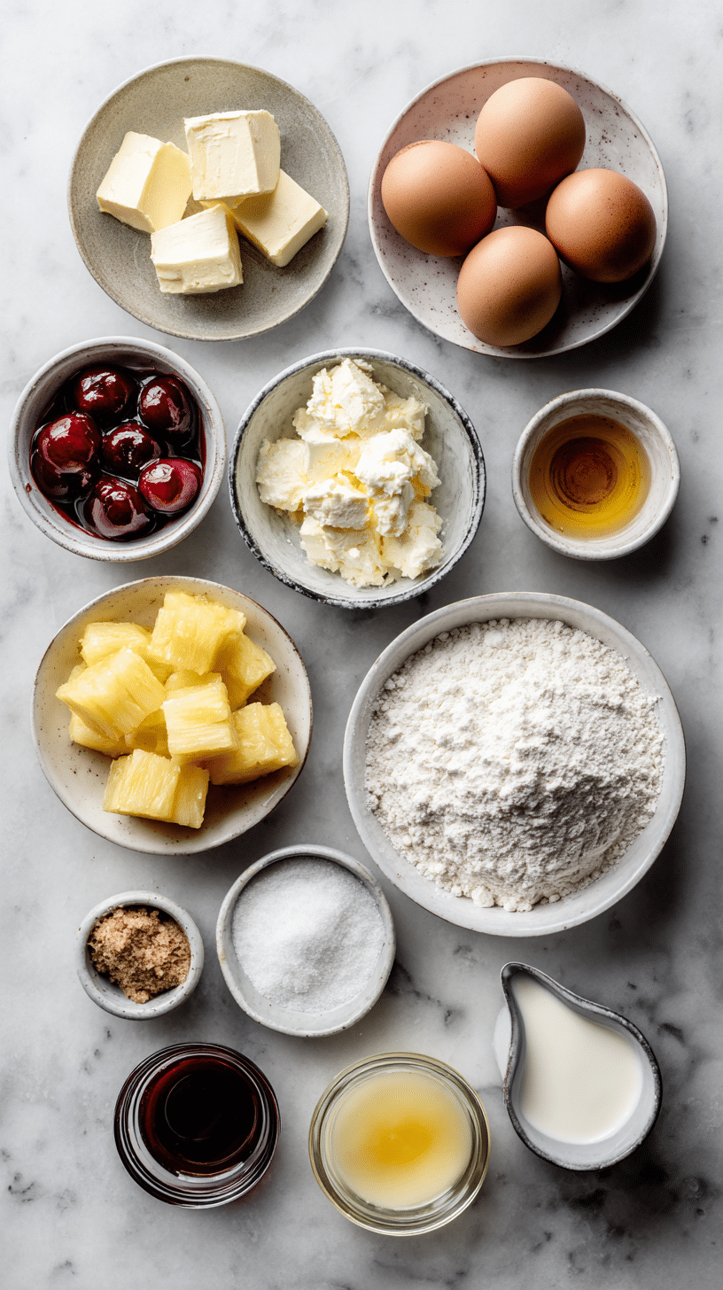 Pineapple Upside-down cheesecakes ingredients arranged on marble countertop