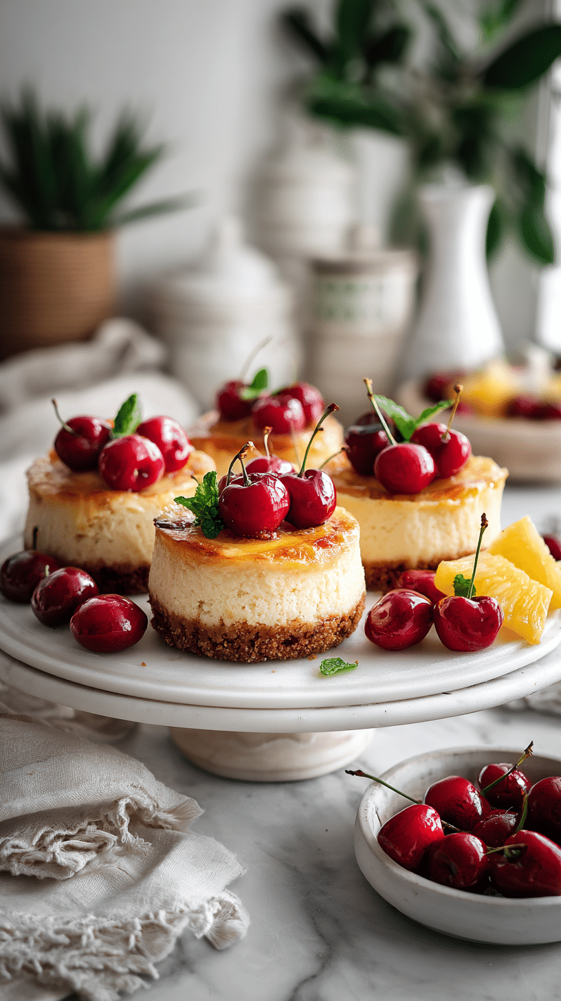 Pineapple Upside-down cheesecakes being served on beautiful dinnerware