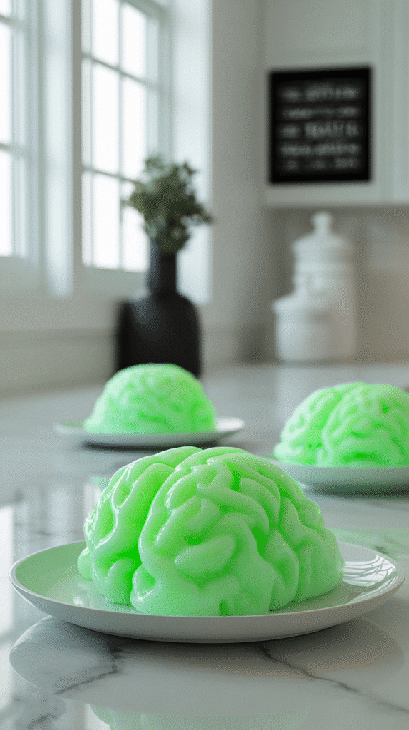 pouring glowing jello mixture into brain mold
