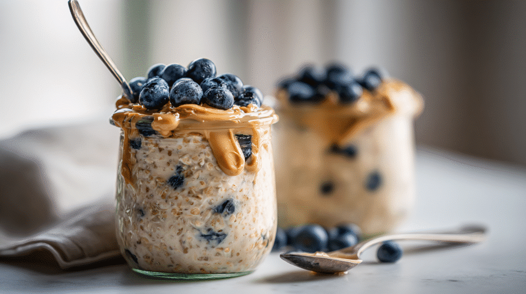 Protein Overnight Oats in a glass jar topped with almond butter and blueberries on a white marble countertop